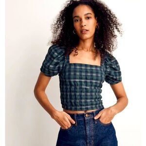 NWT Madewell Multi Green/blue Plaid Hopewell Crop Top with Puff Sleeves‎ Size M